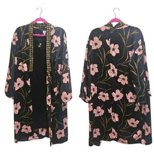 A New Day Black Gold Pink Floral Kimono Robe Open Cardigan Lagenlook NWOT